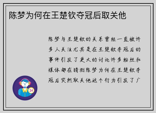 陈梦为何在王楚钦夺冠后取关他